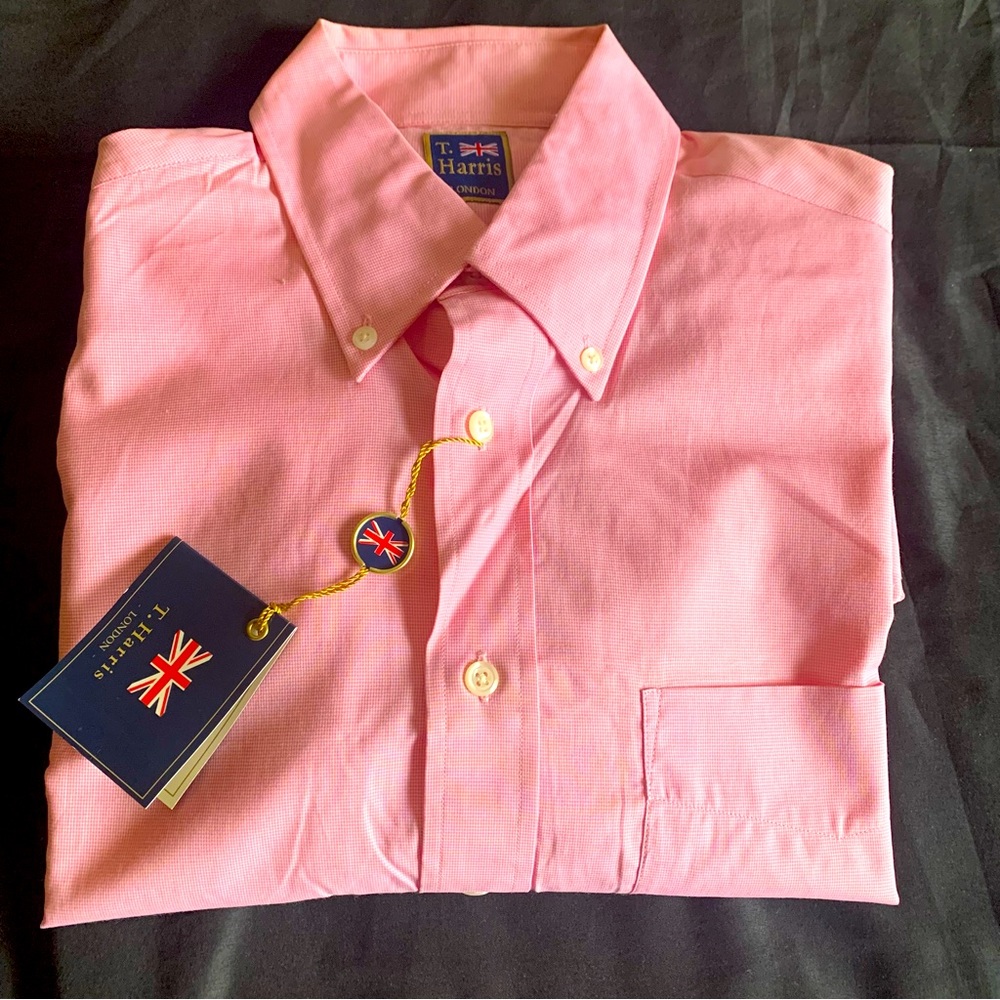 T Harris London British Cotton Shirt Male Button Up Long Sleeve Sz M Pink Dress